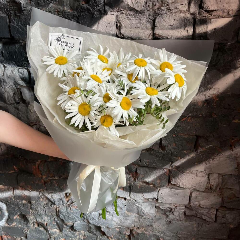 Букет из 15 садовых ромашек в стильной упаковке 